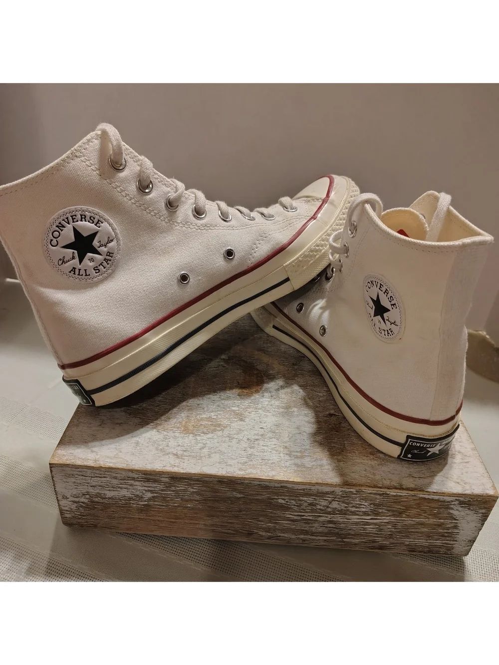 Converse Chuck Taylor All Star High Top Sneakers - Cream with Red Trim 7.5